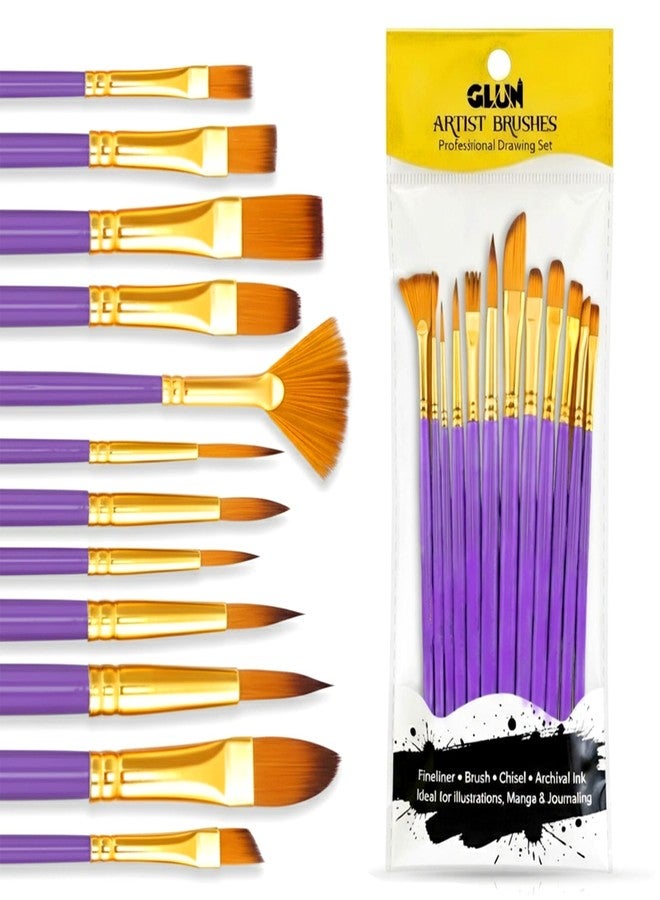 GLUN® Premium Paint Brushes 12 Different Professional Drawing Paint Brush Set Purple Colour, Wide to Fine Tip, Nylon Hair Artist Paintbrushes - Image 1