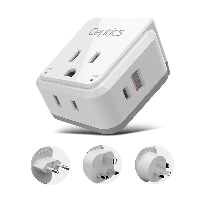 Ceptics مجموعة محولات الطاقة للسفر من Ceptics الصين وماليزيا، 20 واط PD وQC، USB مزدوج آمن وUSB-C 3.1A-2 مخرج الولايات المتحدة - مدمجة - للاستخدام في هونغ كونغ، الكويت، سنغافورة، العراق - تشمل ملحقات نوع G وI وC SWadAPt - Image 1