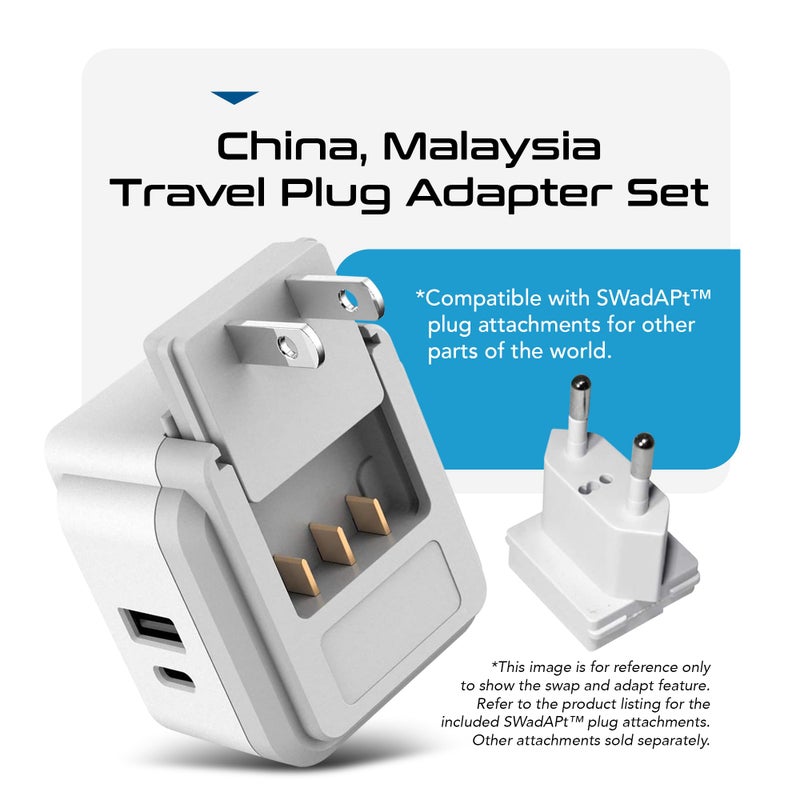 Ceptics مجموعة محولات الطاقة للسفر من Ceptics الصين وماليزيا، 20 واط PD وQC، USB مزدوج آمن وUSB-C 3.1A-2 مخرج الولايات المتحدة - مدمجة - للاستخدام في هونغ كونغ، الكويت، سنغافورة، العراق - تشمل ملحقات نوع G وI وC SWadAPt - Image 2