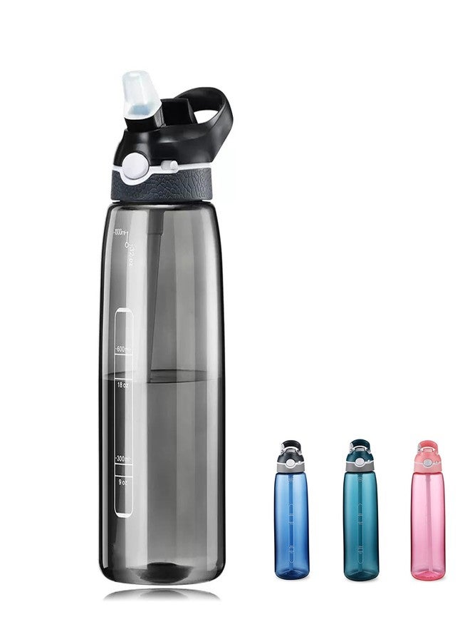 DEARART 32oz Black Water Bottle with Clip, 100% Leakproof Lockable Lid, Capacity Marker Clear Bottle Has Handle Easy Carried, Suit Sports Office Home Gym Travel, Black - Image 1