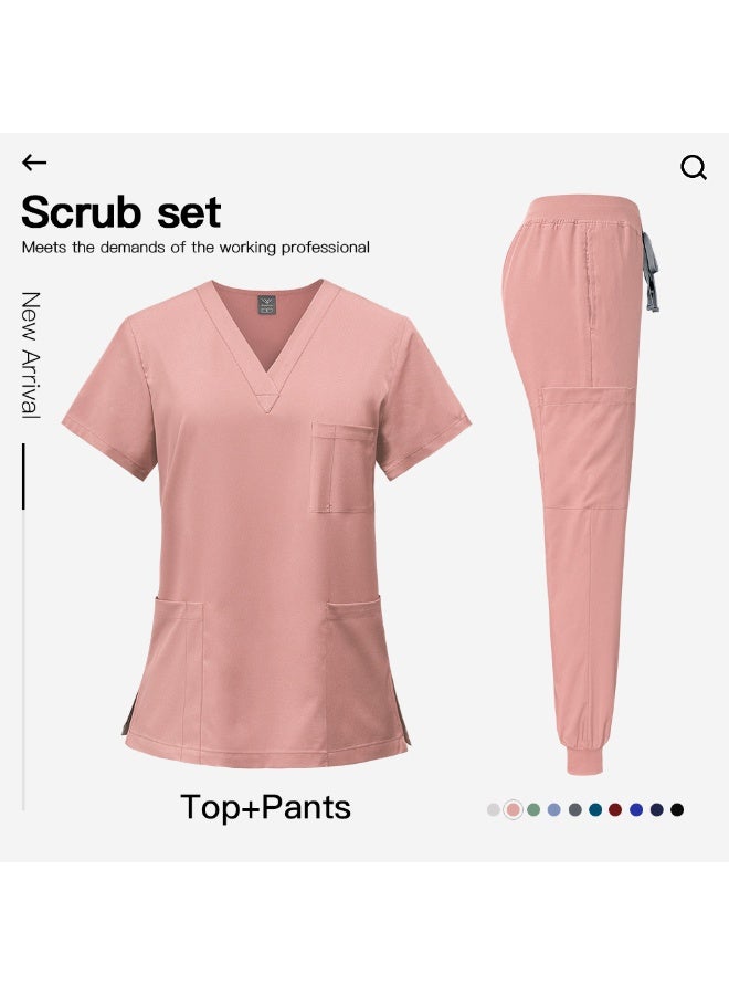 سكراب طبي نسائي وسكراب طبي رجالي، مكون من بلوزة بفتحة على شكل حرف V وبنطال رياضي ضيق الساق مع رباط، زي ممرضة طبي لزي ممرضة المستشفى للصيف (وردي) - Image 2