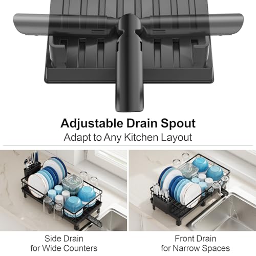 GSlife Expandable Dish Drying Rack for Kitchen Counter, 12-20.5 Inch Compact Dish Rack with Drainboard, Swivel Spout, Cup & Utensil Holder, Rust-Resistant Dish Drainer for Small Kitchen, RV, Black - Image 4