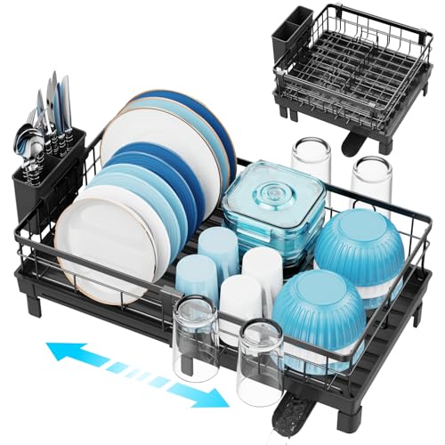 GSlife Expandable Dish Drying Rack for Kitchen Counter, 12-20.5 Inch Compact Dish Rack with Drainboard, Swivel Spout, Cup & Utensil Holder, Rust-Resistant Dish Drainer for Small Kitchen, RV, Black - Image 1