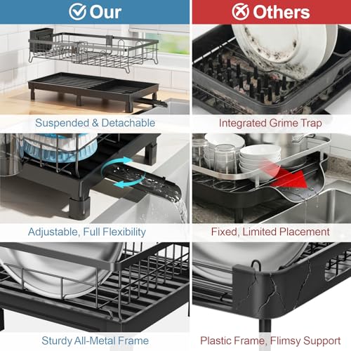 GSlife Expandable Dish Drying Rack for Kitchen Counter, 12-20.5 Inch Compact Dish Rack with Drainboard, Swivel Spout, Cup & Utensil Holder, Rust-Resistant Dish Drainer for Small Kitchen, RV, Black - Image 3