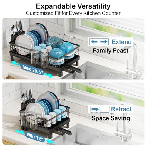 GSlife Expandable Dish Drying Rack for Kitchen Counter, 12-20.5 Inch Compact Dish Rack with Drainboard, Swivel Spout, Cup & Utensil Holder, Rust-Resistant Dish Drainer for Small Kitchen, RV, Black - Image 2