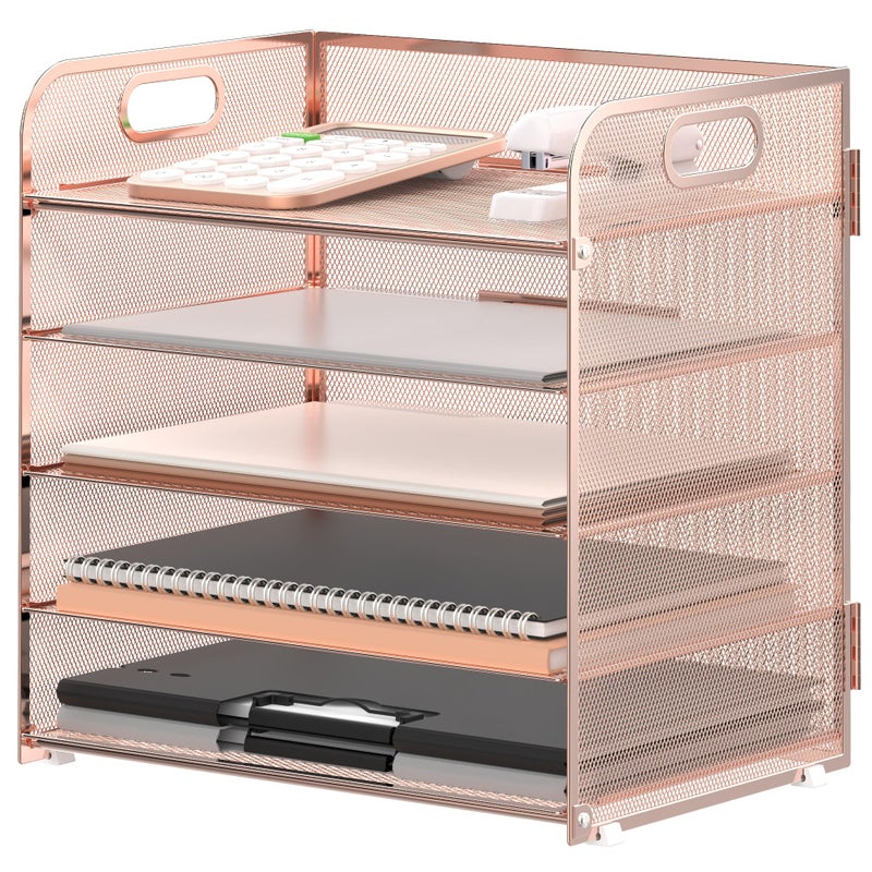 Supeasy 5 Trays Paper Organizer Letter Tray with HandleMesh Desk File Organizer Paper Sorter Desk Organizer for Office Home or School Rose Gold - Image 2