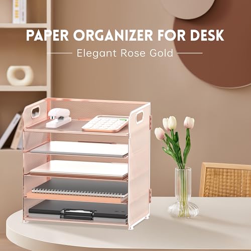 Supeasy 5 Trays Paper Organizer Letter Tray with HandleMesh Desk File Organizer Paper Sorter Desk Organizer for Office Home or School Rose Gold - Image 3
