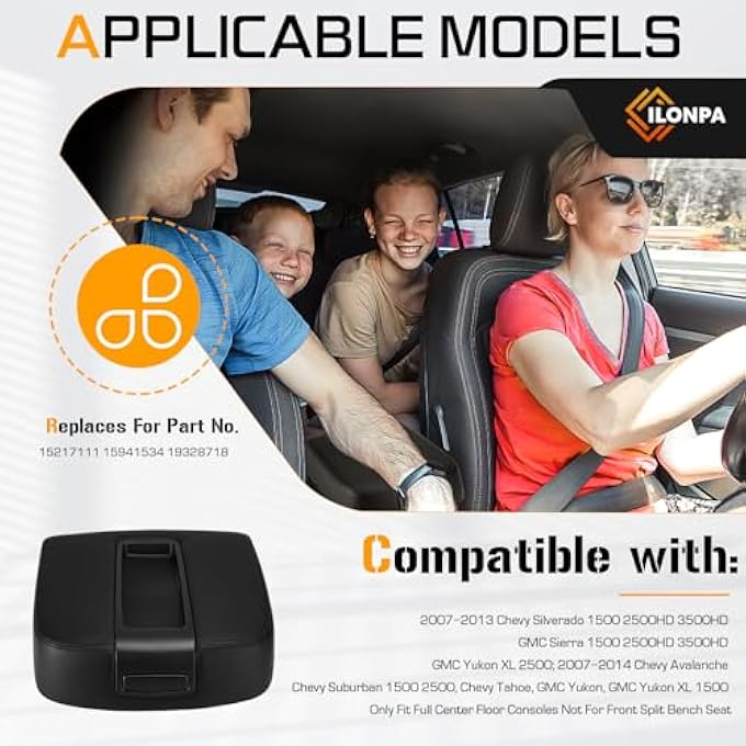 rayihni Black Center Console Lid Armrest Cover Fits 20072014 Chevy Avalanche Tahoe Suburban 1500 2500 Gmc Sierra Yukon Xl 15217111 15941534 19328718 Only Fit Full Center Floor Consoles - Image 4