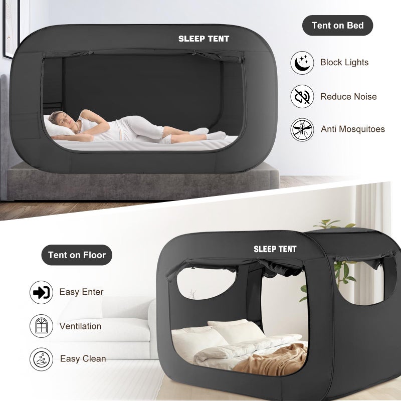 YAVIL Bed Canopy Bed Tent Dream Tents Privacy Space Twin Size Sleeping Tents Indoor Pop Up Portable Frame Curtains Breathable with Mosquito Mesh Window for Kids and Adult (Mattress Not Included) Black - Image 3