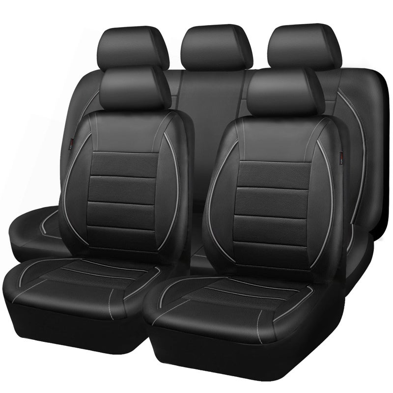 CAR PASS Universal Reflect Piping Leather Car Seat Cover Fit for suvsVanTrucksAirbag CompatibleInside Zipper Design and Reserved Opening Holes Full Set Black and Grey