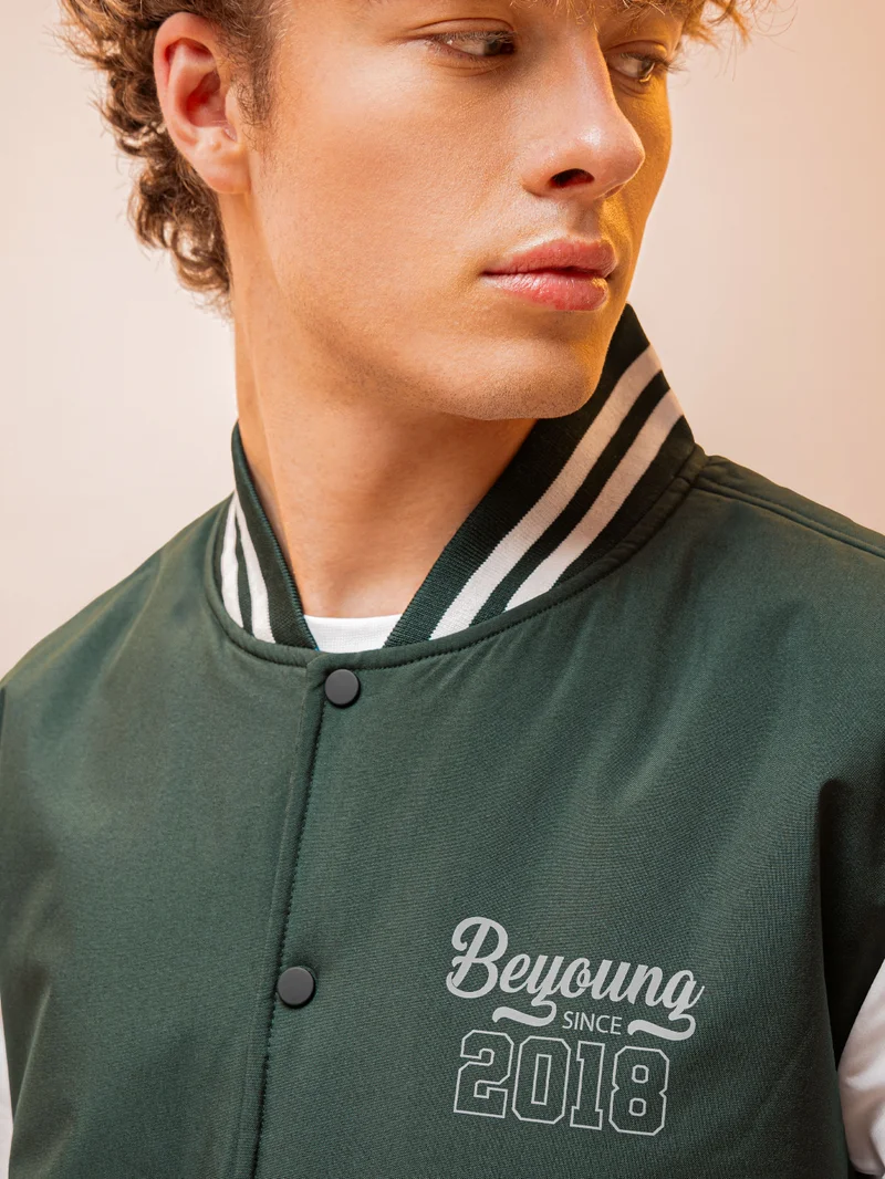 Beyoung Deep Olive Green Solid Varsity Jacket for Men