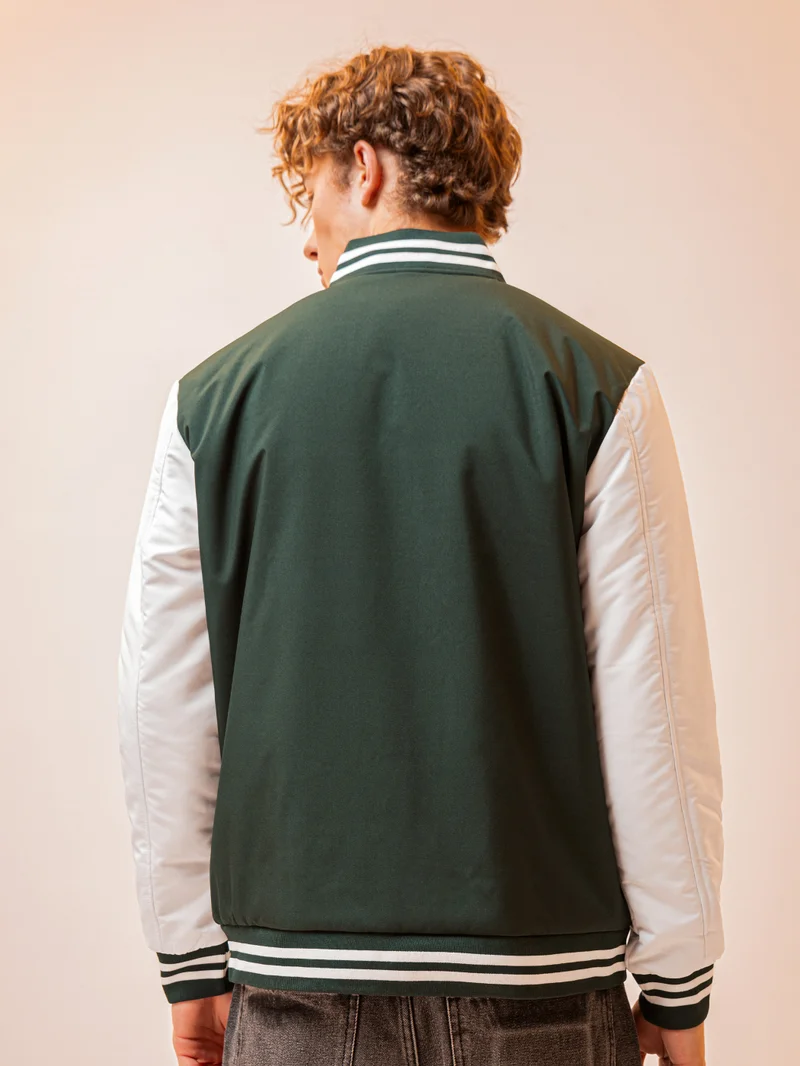 Beyoung Deep Olive Green Solid Varsity Jacket for Men