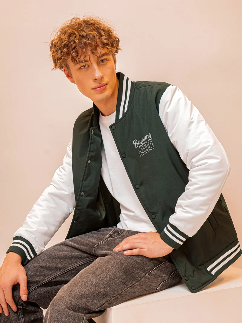 Beyoung Deep Olive Green Solid Varsity Jacket for Men