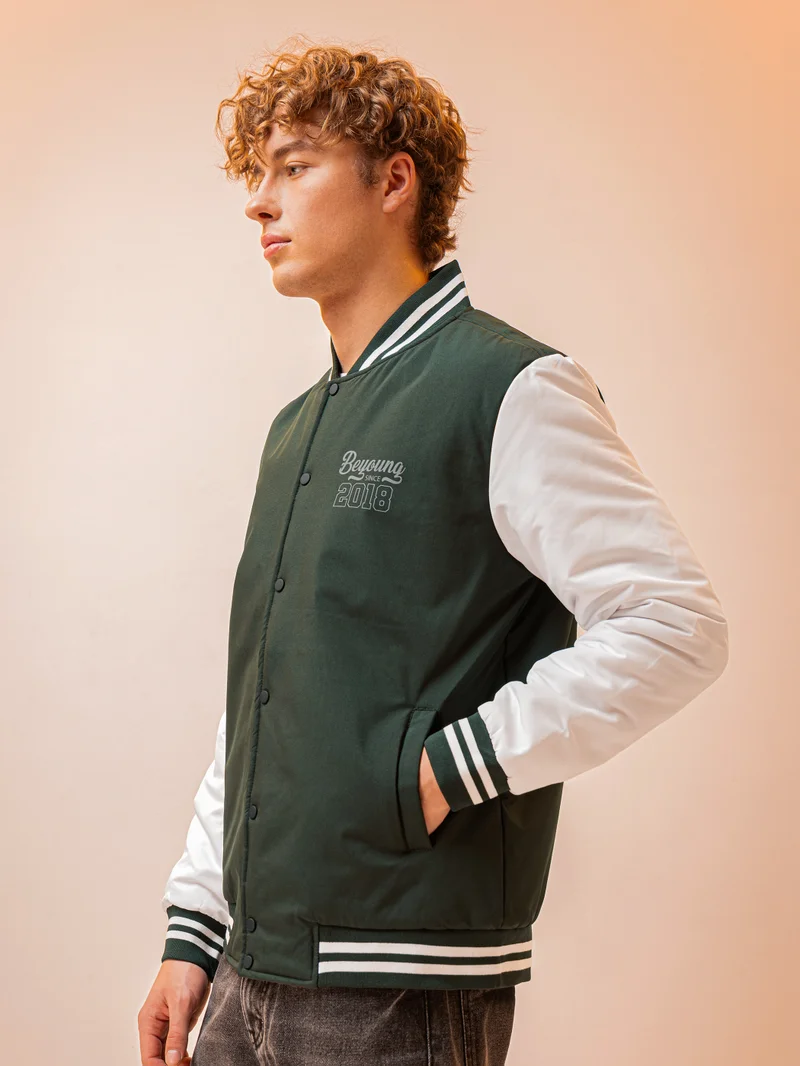 Beyoung Deep Olive Green Solid Varsity Jacket for Men