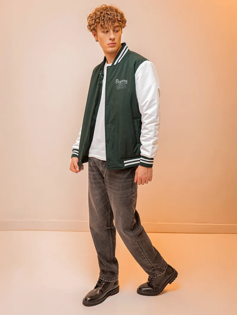 Beyoung Deep Olive Green Solid Varsity Jacket for Men