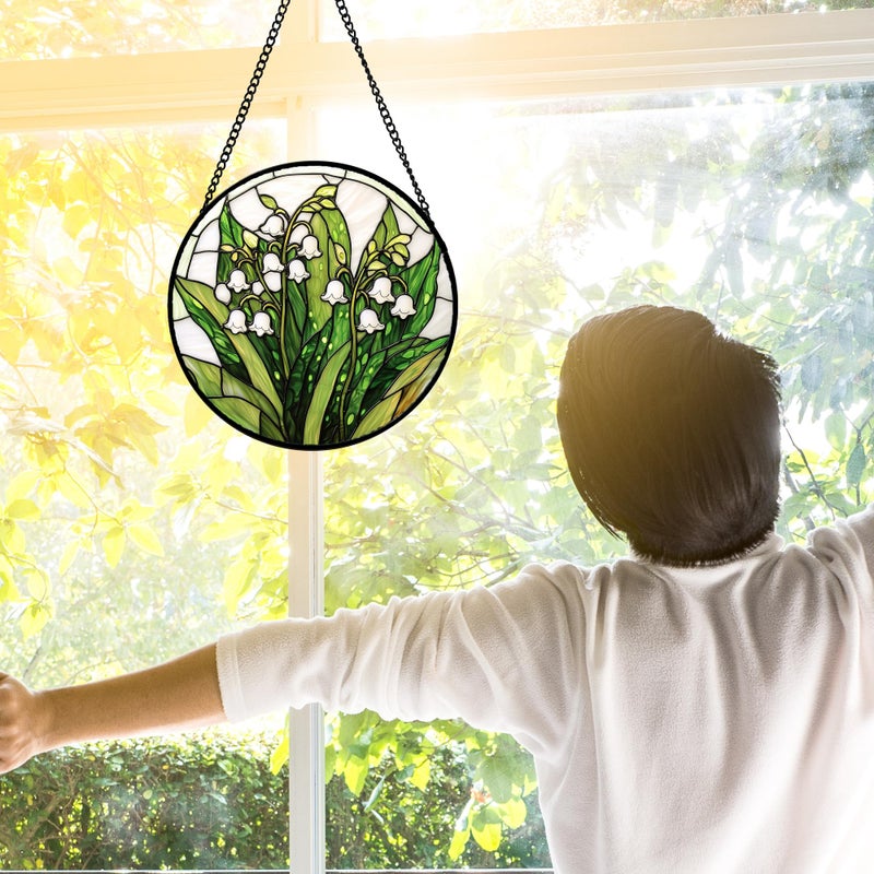 DASTOLL Stained Glass Window Hanging, Lily of the Valley Flower Sun Catchers Colorful Glass Panel Green Plants Suncatcher Decor for Birthday for Women,Men,Wife, Lovers, and Mom 6.3 in - Image 3