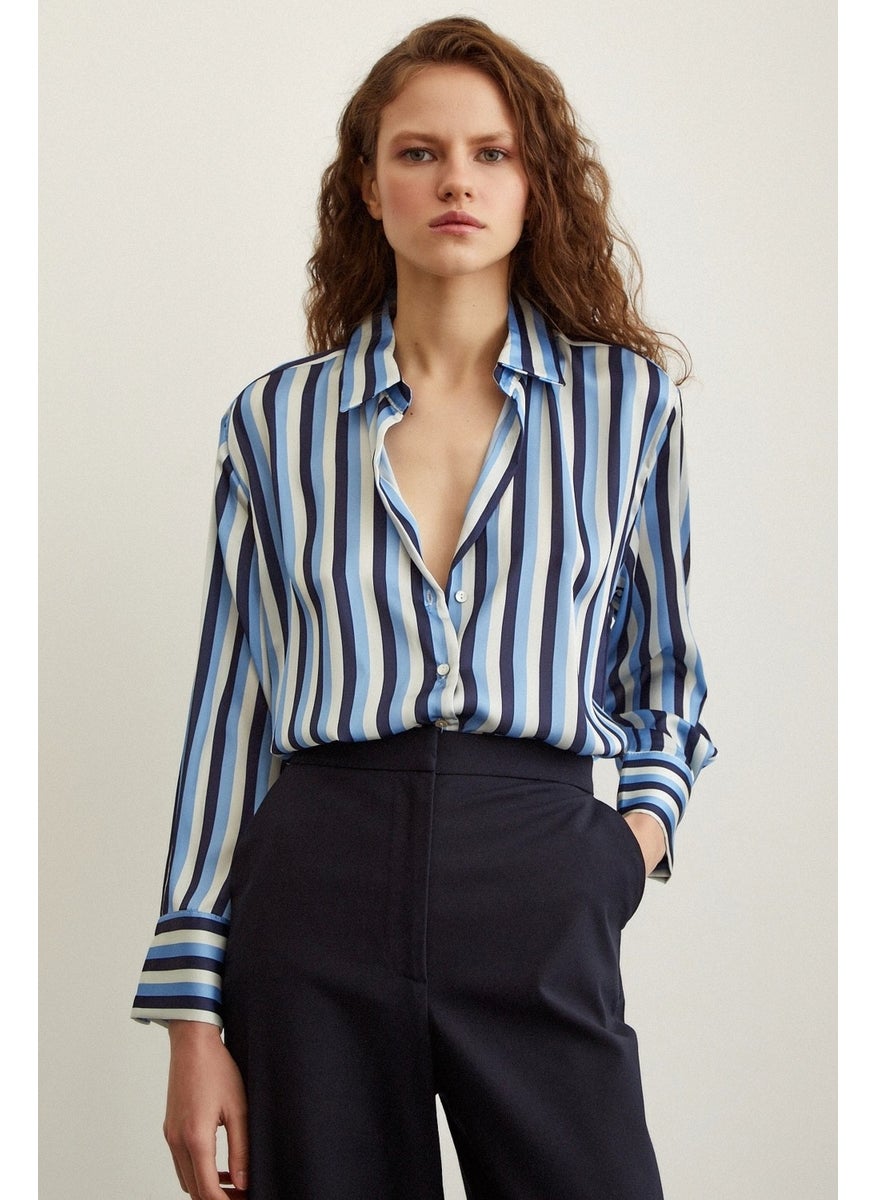 Never More Striped Satin Shirt Navy Blue  - Image 1