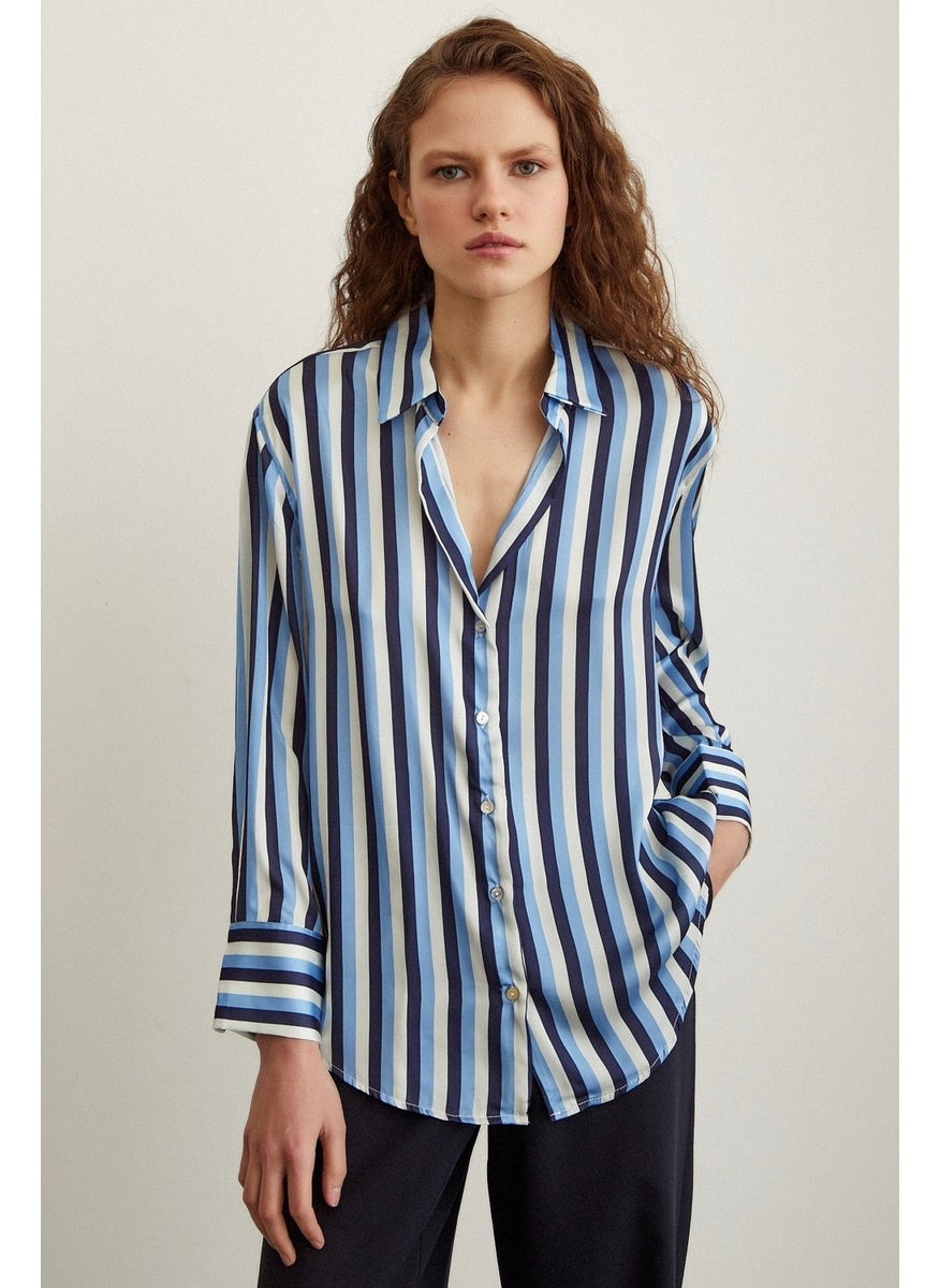 Never More Striped Satin Shirt Navy Blue  - Image 2