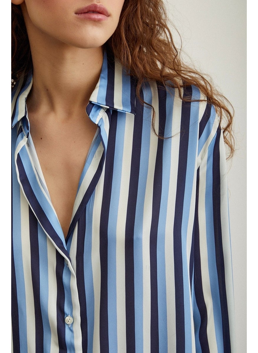 Never More Striped Satin Shirt Navy Blue  - Image 3