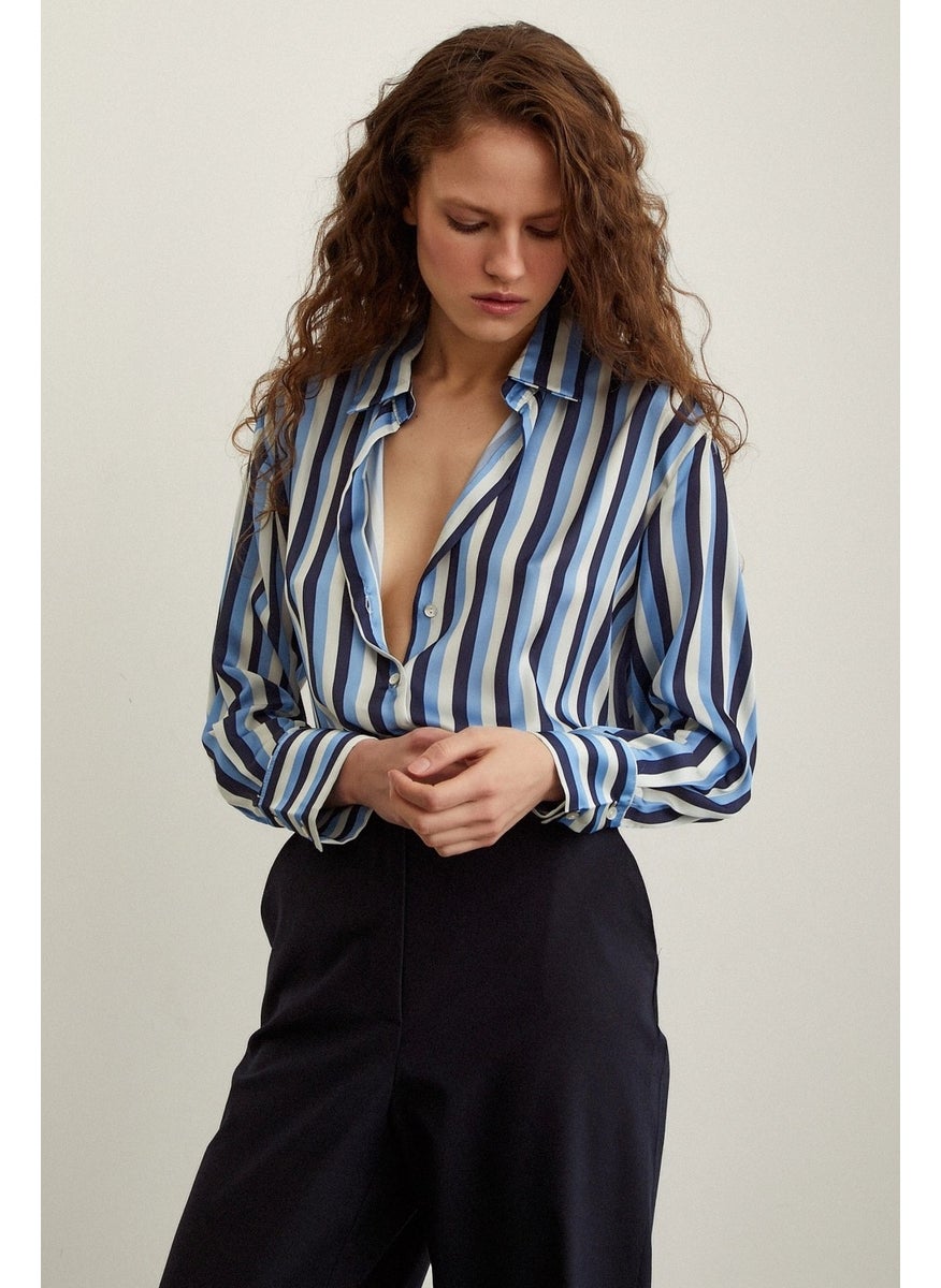 Never More Striped Satin Shirt Navy Blue  - Image 5