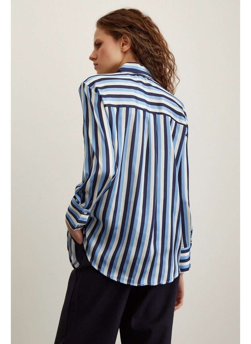 Never More Striped Satin Shirt Navy Blue  - Image 4