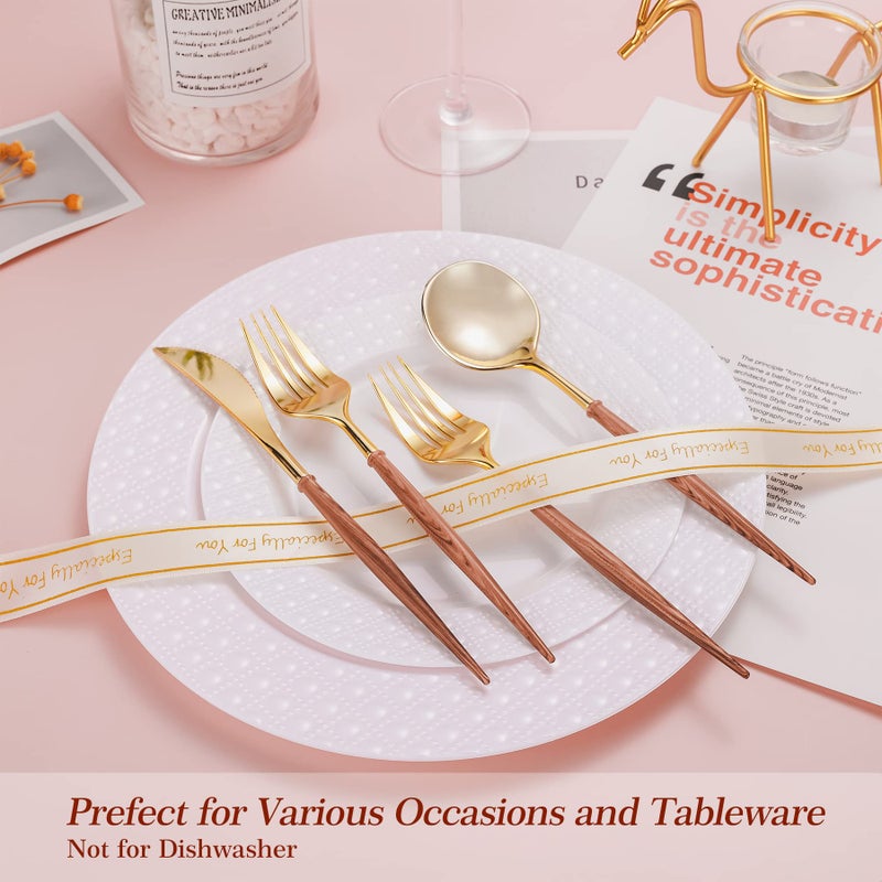 LULLABY 120pcs Gold Plastic Silverware  Gold Disposable Cutlery with Wood Grain Handle Include 40 Forks  40 Spoons  40 Knives  Elegant Disposable Silverware for Wedding  Party  Gathering  Daily Use - Image 4