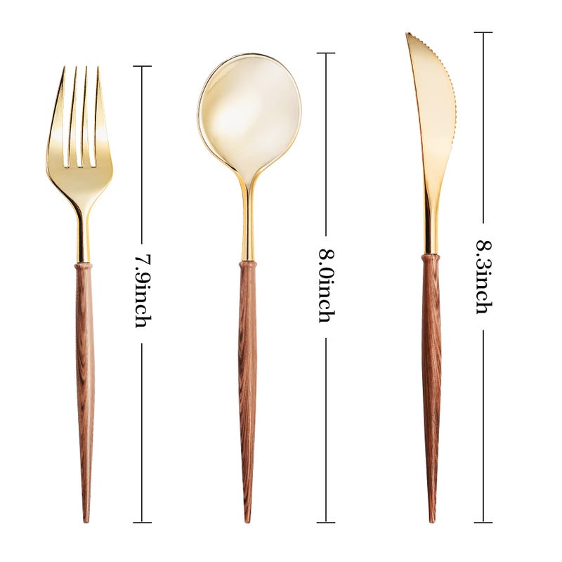 LULLABY 120pcs Gold Plastic Silverware  Gold Disposable Cutlery with Wood Grain Handle Include 40 Forks  40 Spoons  40 Knives  Elegant Disposable Silverware for Wedding  Party  Gathering  Daily Use - Image 2