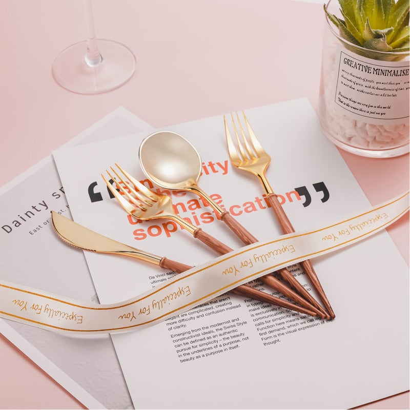 LULLABY 120pcs Gold Plastic Silverware  Gold Disposable Cutlery with Wood Grain Handle Include 40 Forks  40 Spoons  40 Knives  Elegant Disposable Silverware for Wedding  Party  Gathering  Daily Use - Image 5