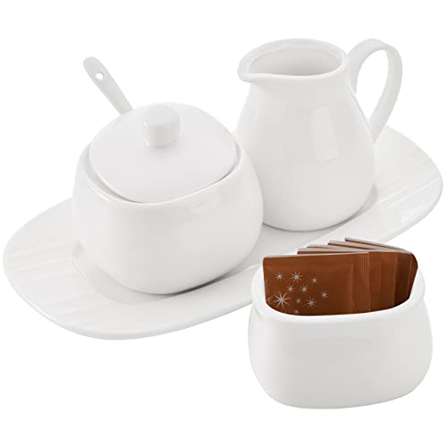 Dicunoy Set of 4 Sugar and Creamer Set, Small Creamer Pitcher with Handle for Coffee Bar, Sugar Bowl with Lid, Spoon and Tray, White Ceramic Sweetener Packet Container for Tea, Milk - Image 3