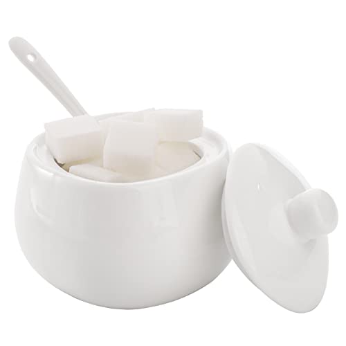 Dicunoy Set of 4 Sugar and Creamer Set, Small Creamer Pitcher with Handle for Coffee Bar, Sugar Bowl with Lid, Spoon and Tray, White Ceramic Sweetener Packet Container for Tea, Milk - Image 5