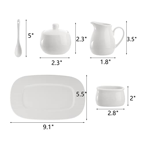 Dicunoy Set of 4 Sugar and Creamer Set, Small Creamer Pitcher with Handle for Coffee Bar, Sugar Bowl with Lid, Spoon and Tray, White Ceramic Sweetener Packet Container for Tea, Milk - Image 2