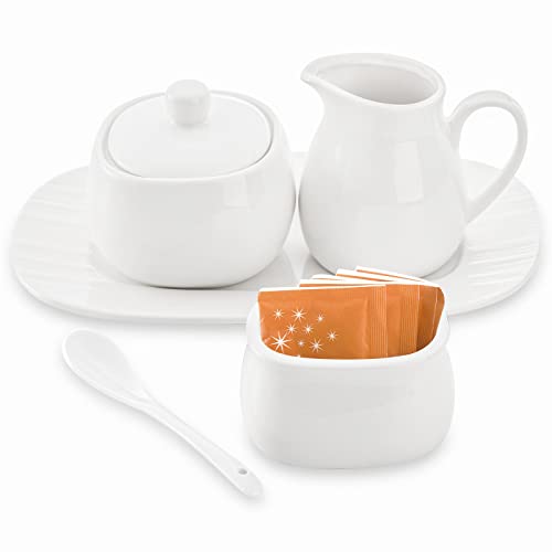 Dicunoy Set of 4 Sugar and Creamer Set, Small Creamer Pitcher with Handle for Coffee Bar, Sugar Bowl with Lid, Spoon and Tray, White Ceramic Sweetener Packet Container for Tea, Milk - Image 1