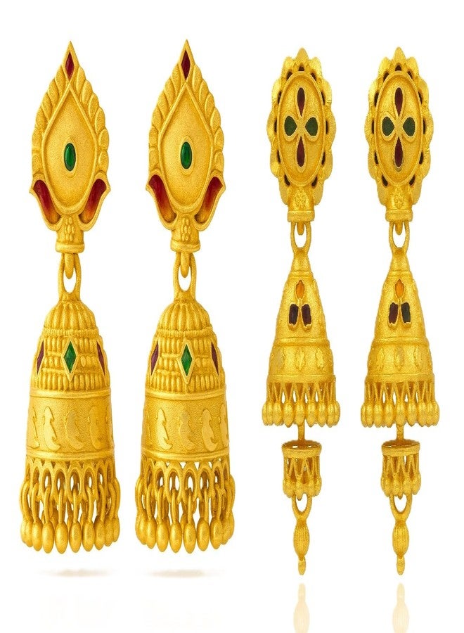DEW MAT Traditional Indian Gold Jhumka Earrings | Temple Style Floral Stud Design with Red & Green Stones | Secure Screw Back Closure for Women | Ethnic Dangling Earrings - Image 1