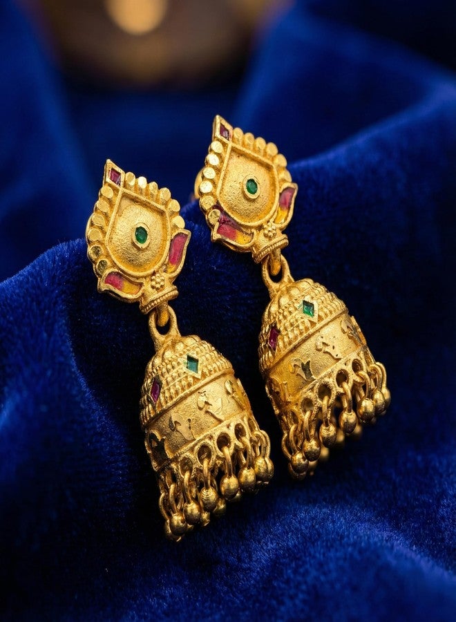 DEW MAT Traditional Indian Gold Jhumka Earrings | Temple Style Floral Stud Design with Red & Green Stones | Secure Screw Back Closure for Women | Ethnic Dangling Earrings - Image 3