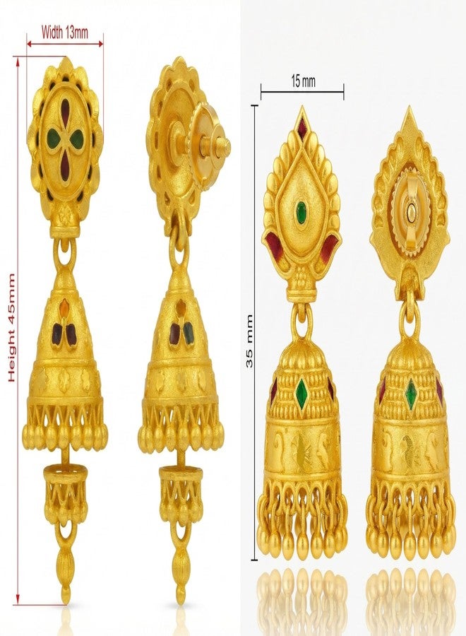 DEW MAT Traditional Indian Gold Jhumka Earrings | Temple Style Floral Stud Design with Red & Green Stones | Secure Screw Back Closure for Women | Ethnic Dangling Earrings - Image 2