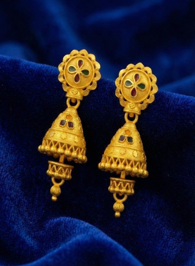 DEW MAT Traditional Indian Gold Jhumka Earrings | Temple Style Floral Stud Design with Red & Green Stones | Secure Screw Back Closure for Women | Ethnic Dangling Earrings - Image 5