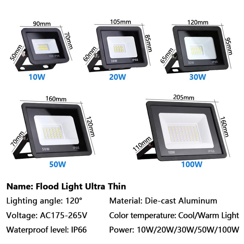LED Flood Light 100W 50W 30W 20W 10W IP66 Waterproof Outdoor Spotlight Warm White Black - Image 3