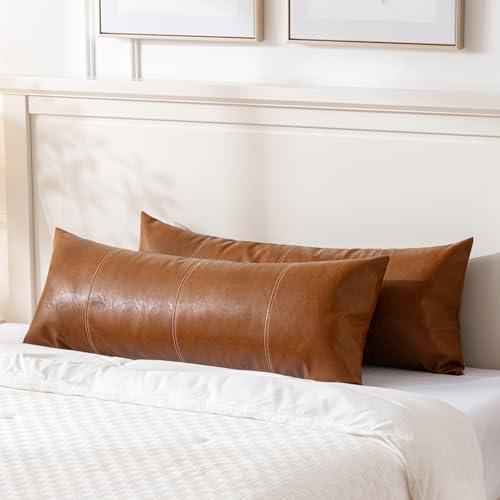 Fancy Homi 2 Packs Brown Boho Long Lumbar Faux Leather Body Decorative Throw Pillow Cover 14x36 Inch for Bedroom Couch Bed Bench Hand Stitched Stylish Pillowcase Rustic Modern Farmhouse Room Decor - Image 1