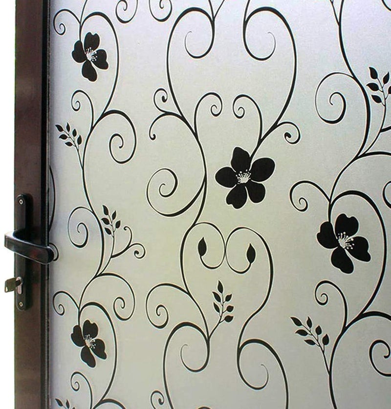 DUOFIRE Window Film Privacy Window Film Frosted Glass Film Static Cling Glass Film No Glue AntiUV Window Sticker for Bathroom Bedroom Living Room Black FlowerDP014B 174in x 787in