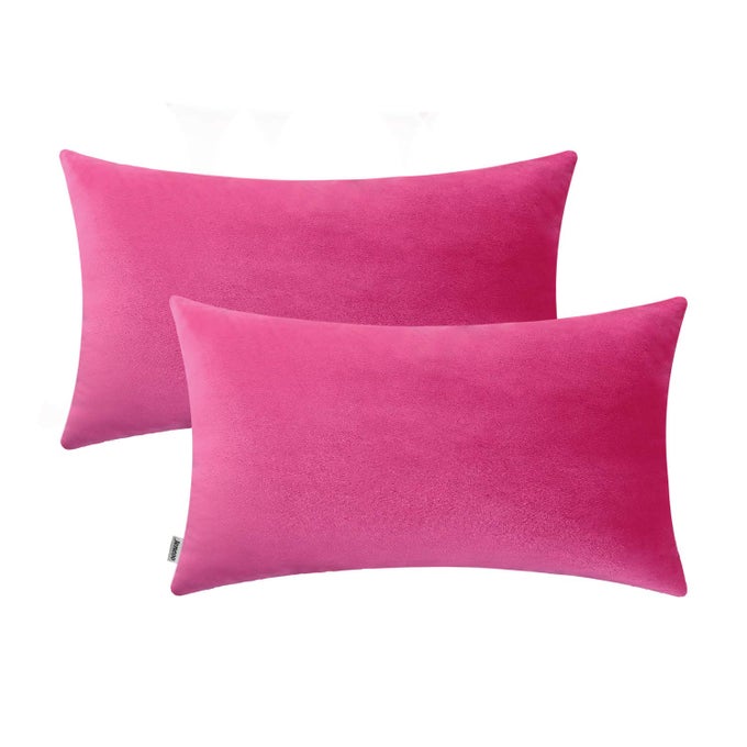 SET OF 2 COMFY SOFT VELVET LUMBAR THROW PILLOW CASES FOR SOFA COUCH DECORATIVE SOLID RECTANGLE CUSHION COVERS FOR BEDROOM CAR 12 X 20 INCHES HOT PINK