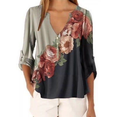 Floral Print V-Neck Vintage Blouse Summer 2020 Purple  - Image 2