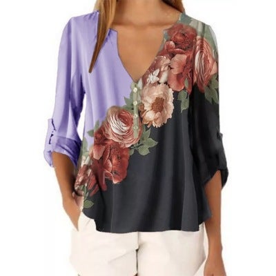 Floral Print V-Neck Vintage Blouse Summer 2020 Purple  - Image 1