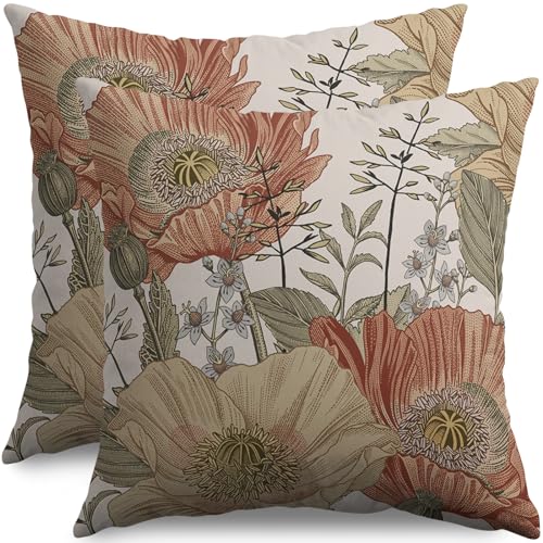 Sivirary Vintage Floral Pillow Covers 18x18 Inch Set of 2, Brown Rust Colored Flowers Botanical Decorative Throw Pillow Cases Cushion Covers Rustic Decoration Gift Farmhouse Sofa Couch Bed Decor - Image 1