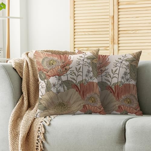 Sivirary Vintage Floral Pillow Covers 18x18 Inch Set of 2, Brown Rust Colored Flowers Botanical Decorative Throw Pillow Cases Cushion Covers Rustic Decoration Gift Farmhouse Sofa Couch Bed Decor - Image 2