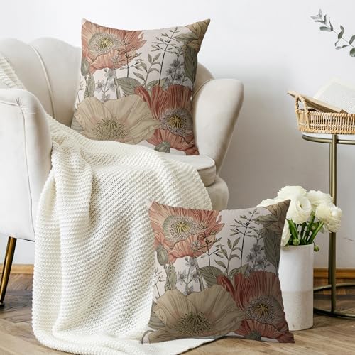Sivirary Vintage Floral Pillow Covers 18x18 Inch Set of 2, Brown Rust Colored Flowers Botanical Decorative Throw Pillow Cases Cushion Covers Rustic Decoration Gift Farmhouse Sofa Couch Bed Decor - Image 3