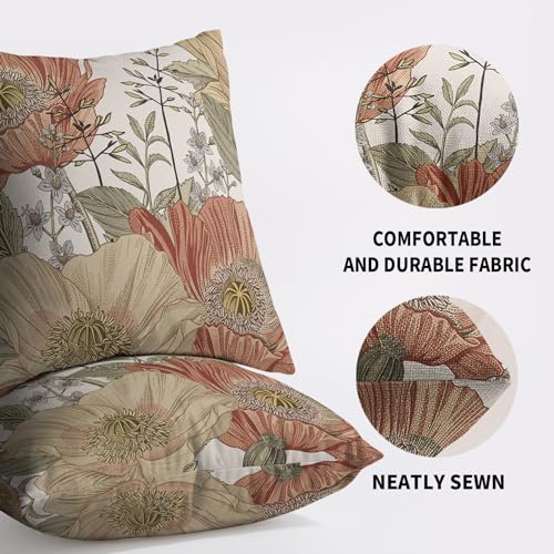 Sivirary Vintage Floral Pillow Covers 18x18 Inch Set of 2, Brown Rust Colored Flowers Botanical Decorative Throw Pillow Cases Cushion Covers Rustic Decoration Gift Farmhouse Sofa Couch Bed Decor - Image 5