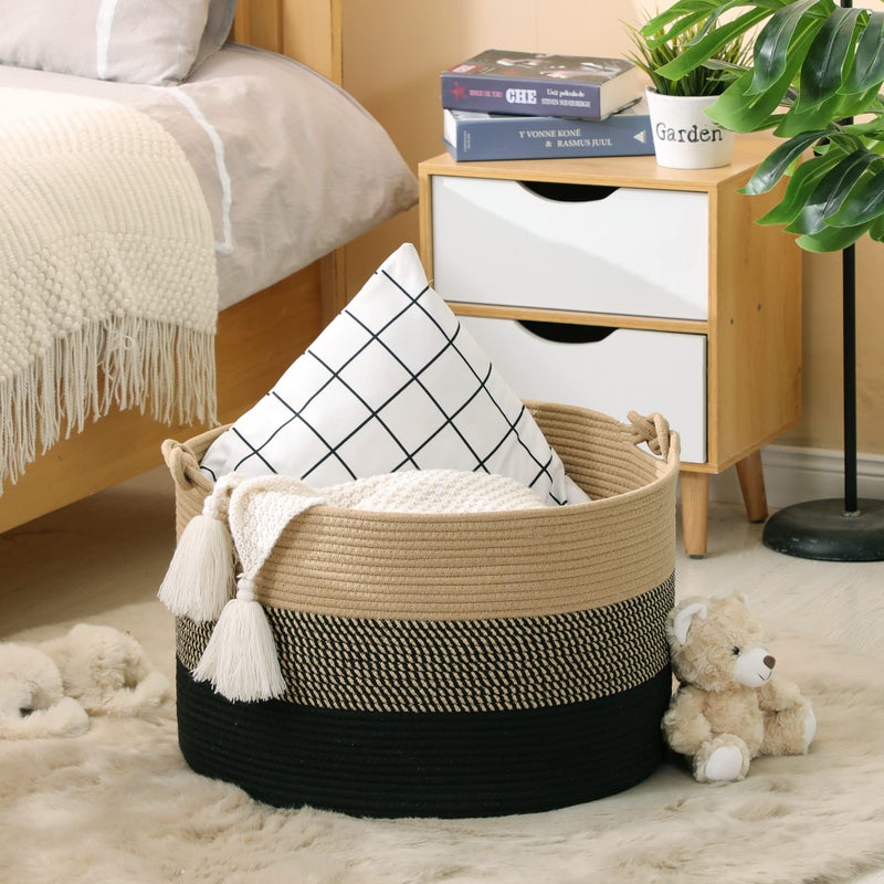 Kakamay Large Blanket Basket (20""X13"") Woven Rope Baskets For Storage Baby Laundry Hamper  Cotton Rope Blanket Basket For Living Room  Laundry  Nursery  Pillows Baby Toy Chest (Jute/Black) - Image 3