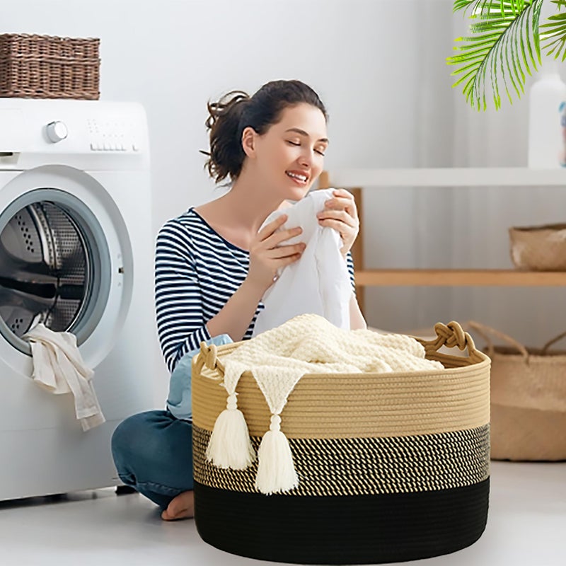 Kakamay Large Blanket Basket (20""X13"") Woven Rope Baskets For Storage Baby Laundry Hamper  Cotton Rope Blanket Basket For Living Room  Laundry  Nursery  Pillows Baby Toy Chest (Jute/Black) - Image 4