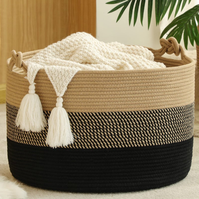 Kakamay Large Blanket Basket (20""X13"") Woven Rope Baskets For Storage Baby Laundry Hamper  Cotton Rope Blanket Basket For Living Room  Laundry  Nursery  Pillows Baby Toy Chest (Jute/Black) - Image 1