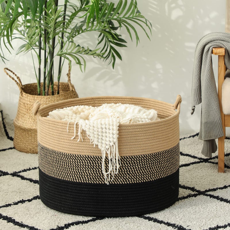 Kakamay Large Blanket Basket (20""X13"") Woven Rope Baskets For Storage Baby Laundry Hamper  Cotton Rope Blanket Basket For Living Room  Laundry  Nursery  Pillows Baby Toy Chest (Jute/Black) - Image 5